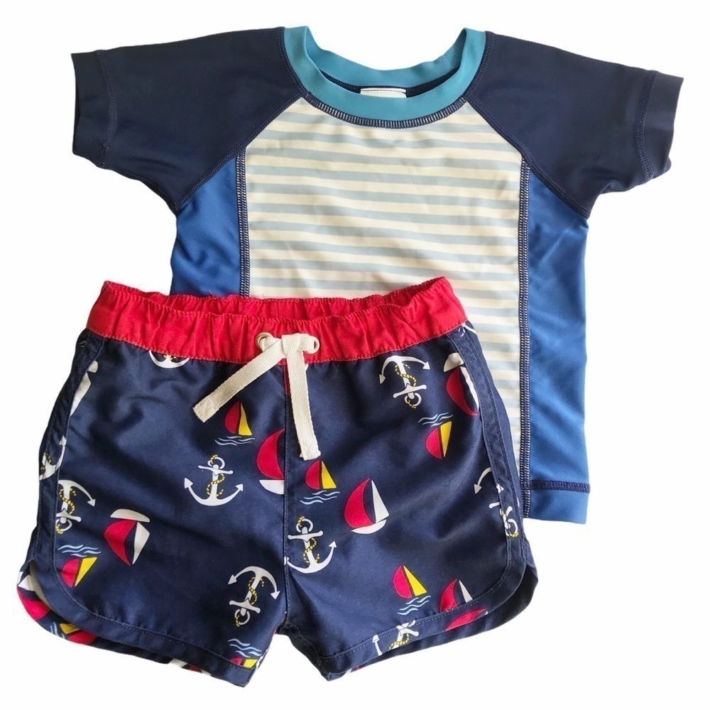 Hanna Andersson red white and blue bathing suit with trunks and rash guard